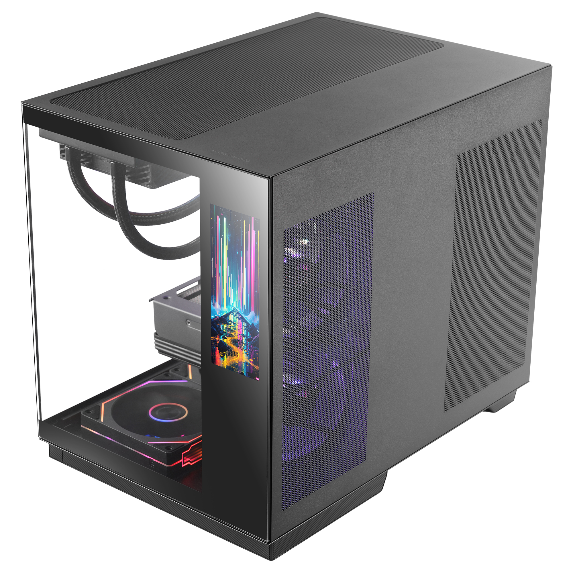 Czarna obudowa PC z szklanym frontem, wentylatorami i oświetleniem RGB.