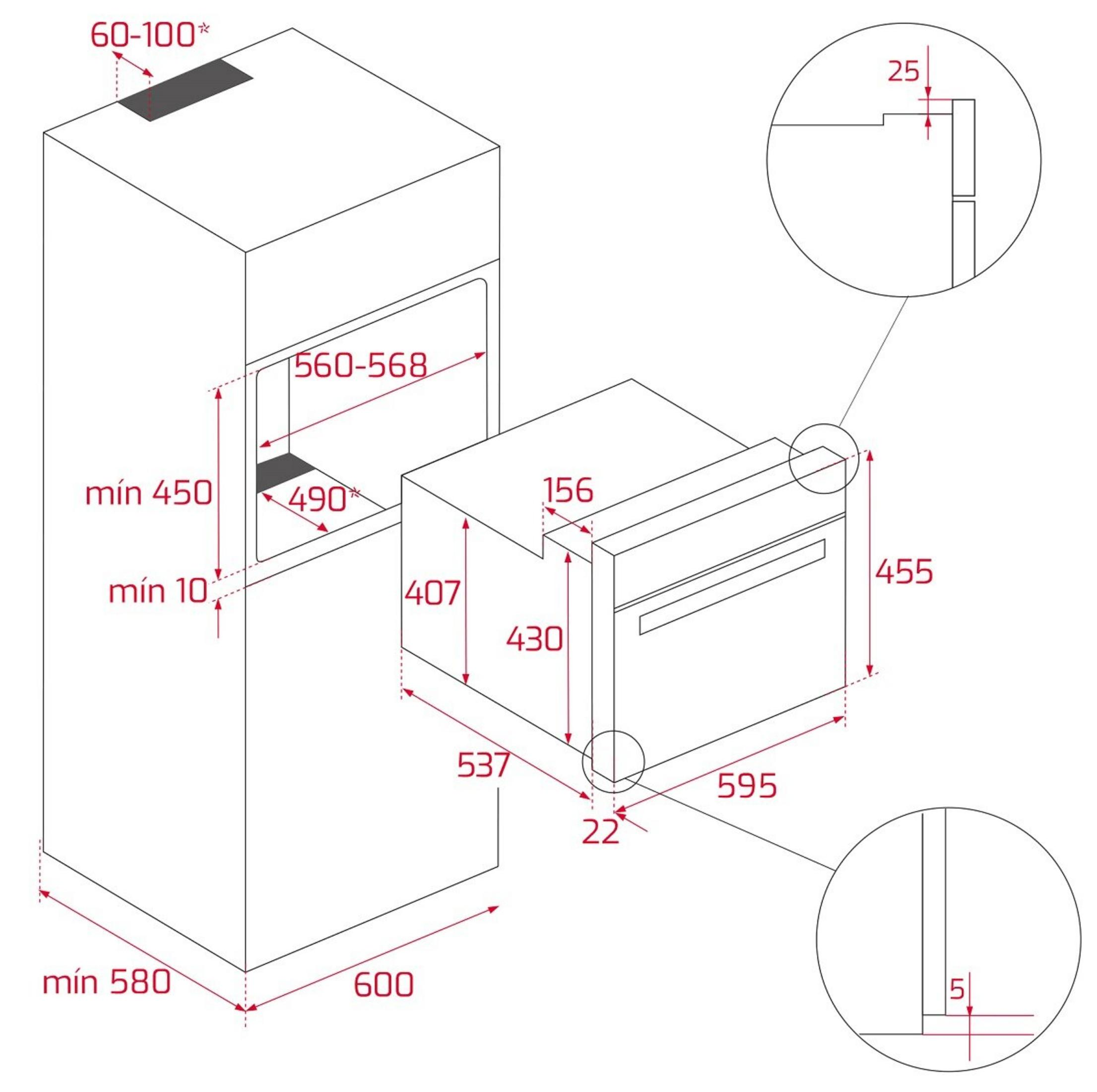 Rysunek techniczny piekarnika do zabudowy z wymiarami w milimetrach.