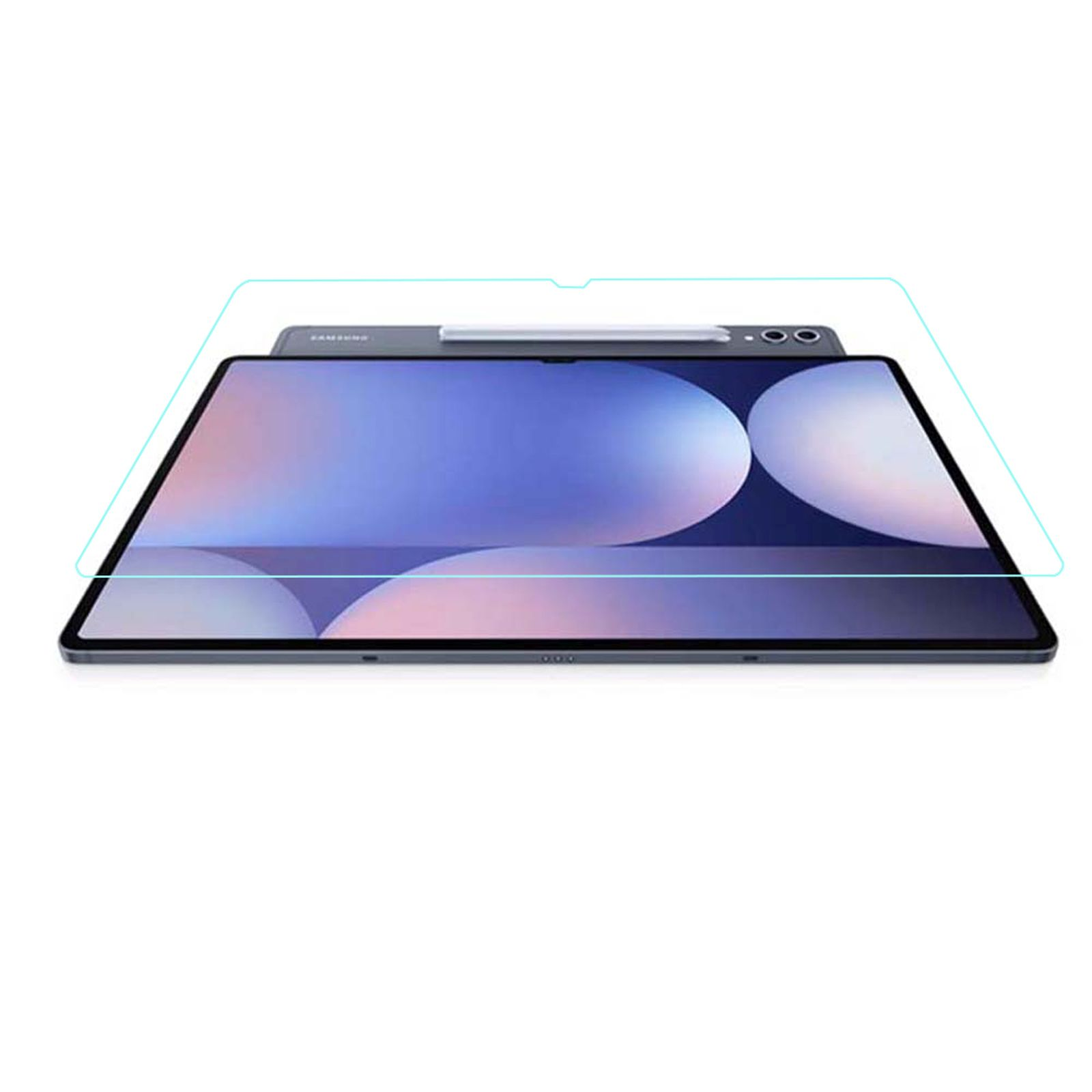 Un tablet con stilo e pellicola protettiva su sfondo bianco.