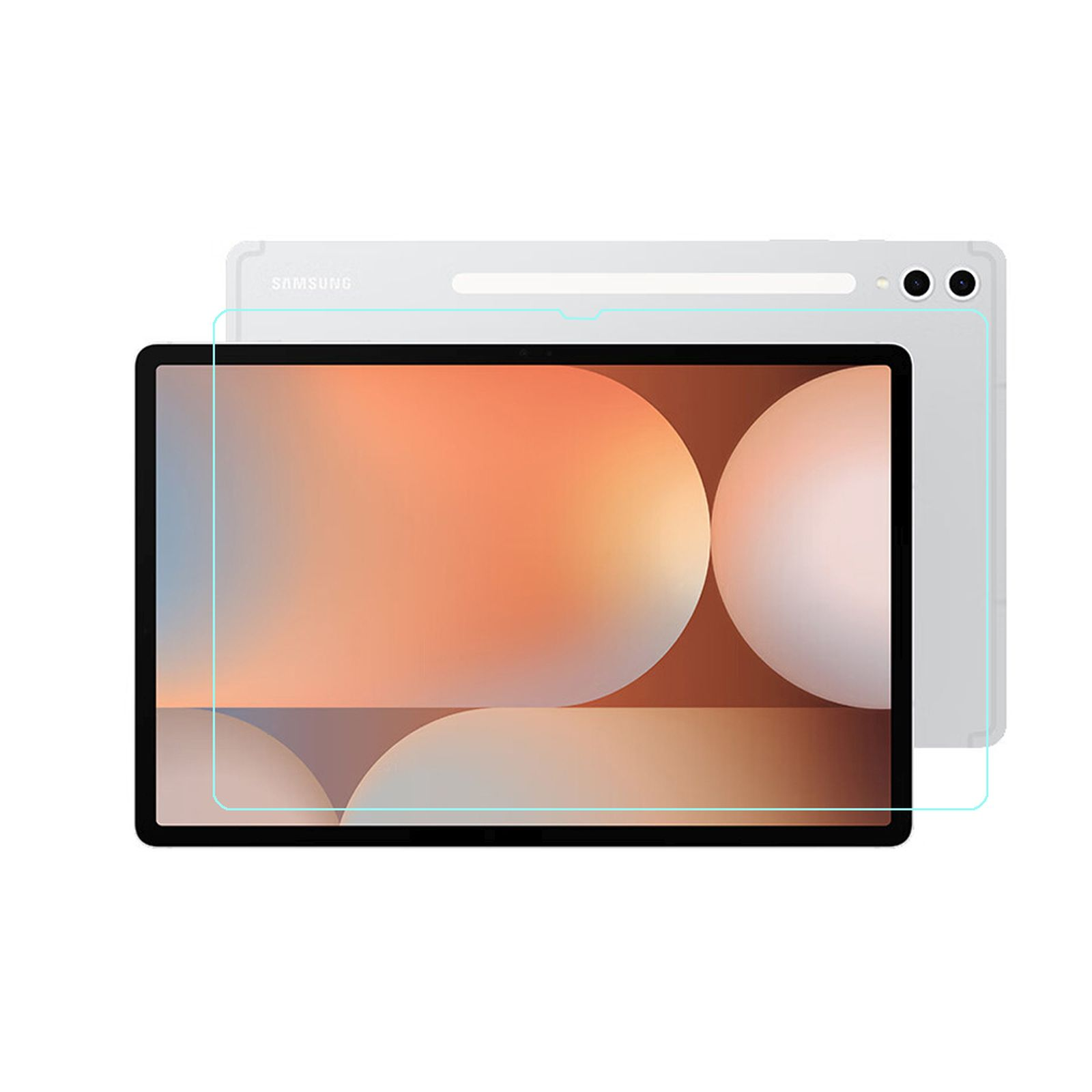 Un tablet Samsung argentato con protezione schermo.