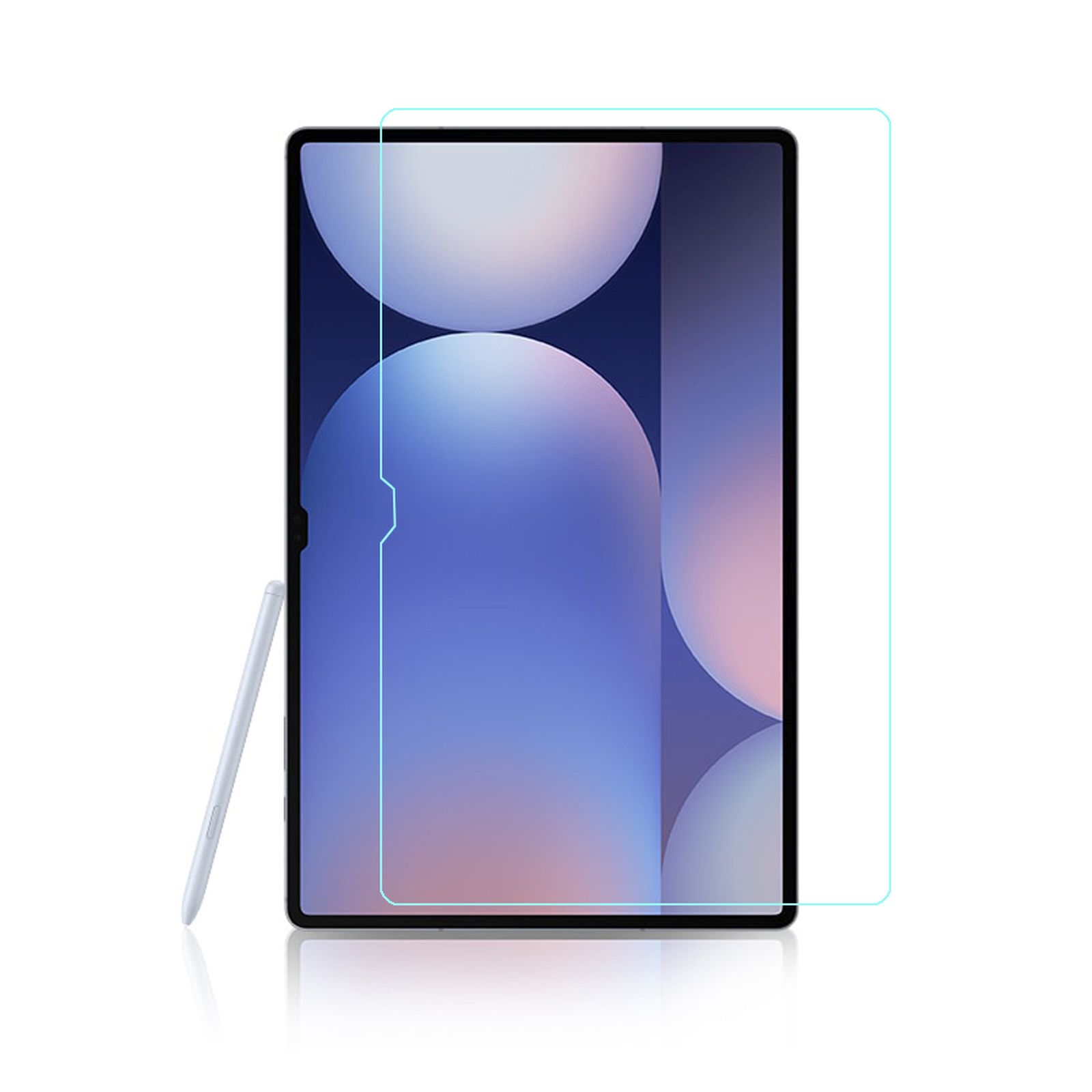 Un tablet con pellicola protettiva e stilo su sfondo bianco.