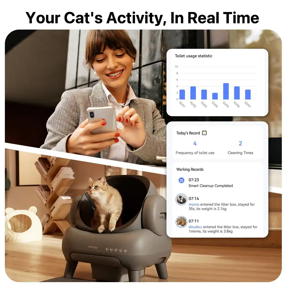 Kadın telefonda, otomatik kedi tuvaletinde kedi. Aktivite istatistikleri gösteriliyor.