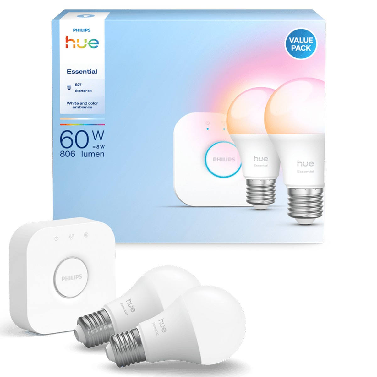 Philips Hue Essential başlangıç kiti, köprü ve iki E27 ampul ile.