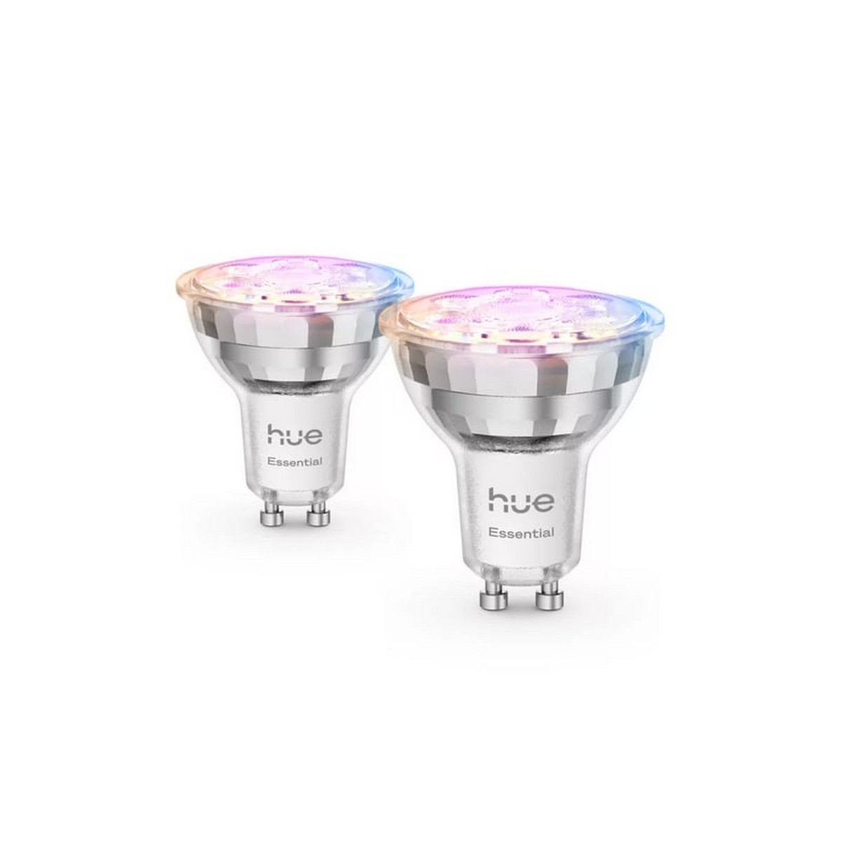 Due lampadine LED Philips Hue Essential con basi argentate e luci colorate.