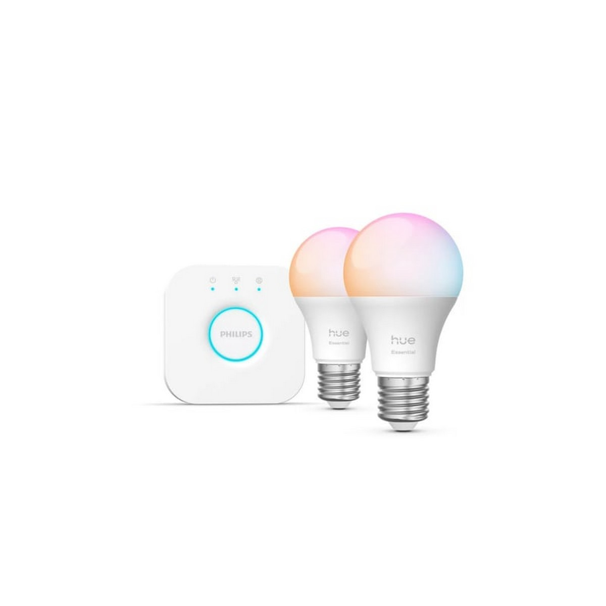 Beyaz Philips Hue Bridge, renk geçişli iki beyaz Hue Essential ampulün yanında.
