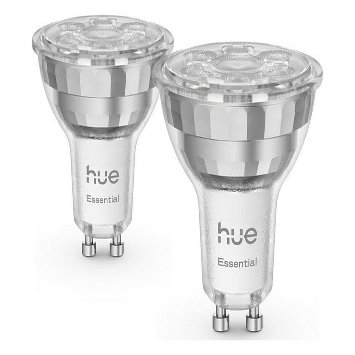 Due lampadine LED Hue Essential argentate con cappuccio trasparente, una accanto all'altra.