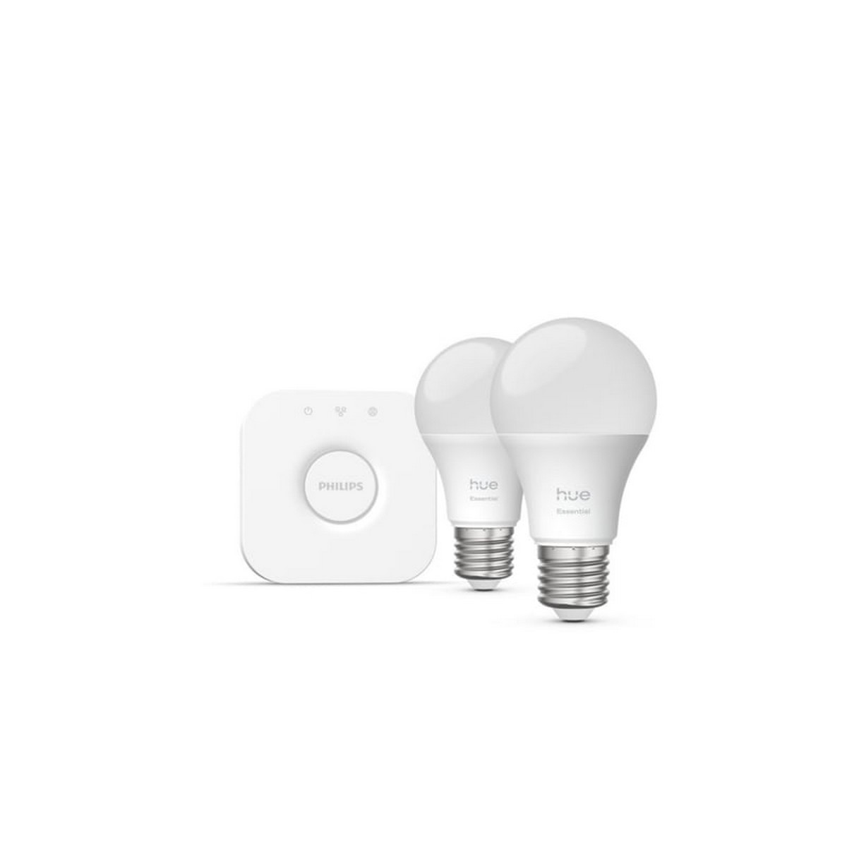 İki Hue Essential ampulü olan beyaz bir Philips Hue Köprüsü.