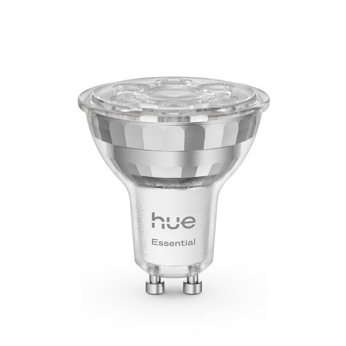 Una lampadina LED bianca con accenti argentati e marchio "hue Essential".
