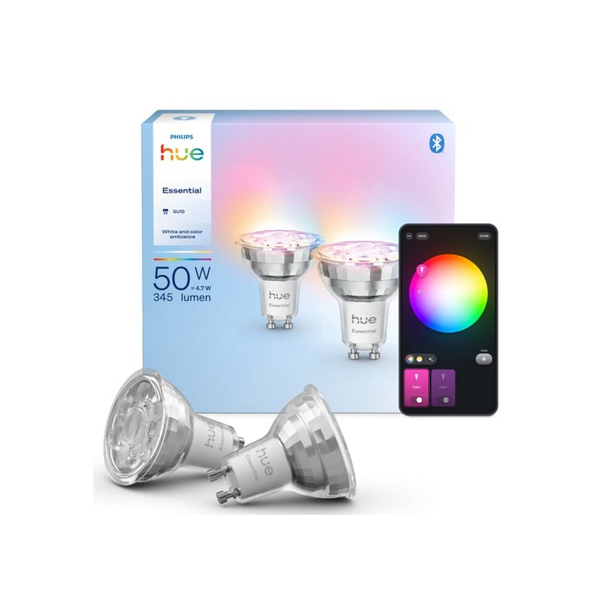 Lampadine Philips Hue Essential GU10 con app per smartphone. Atmosfera bianca e colorata.