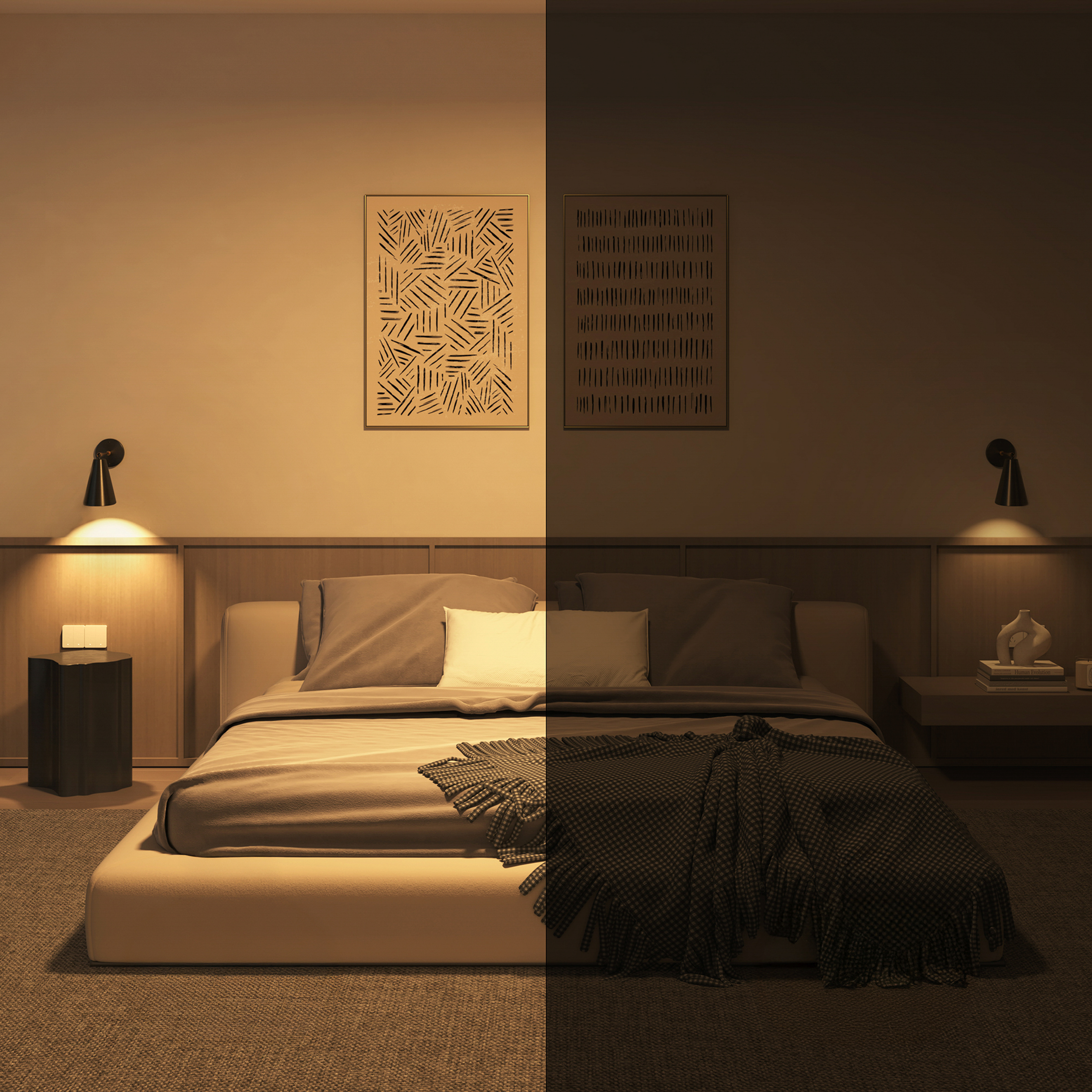 Immagine divisa di una camera da letto con un letto. Illuminata a sinistra, scura a destra.
