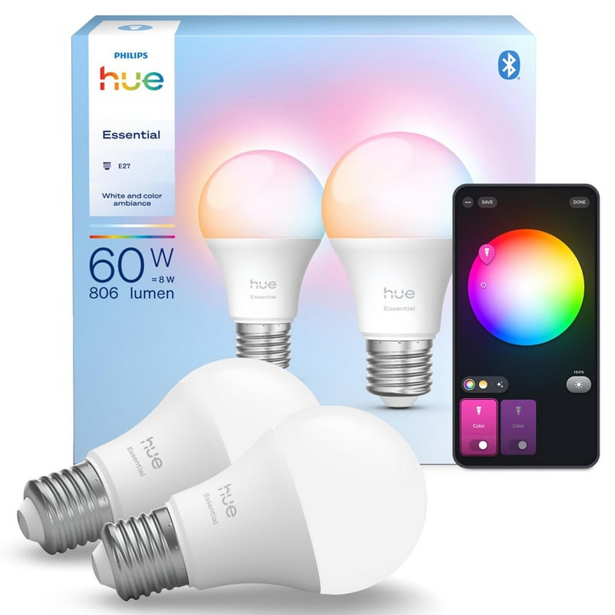 PHILIPS HUE Essential 8W E27 806 Lumen Renkli A60 (2'li Ekopaket