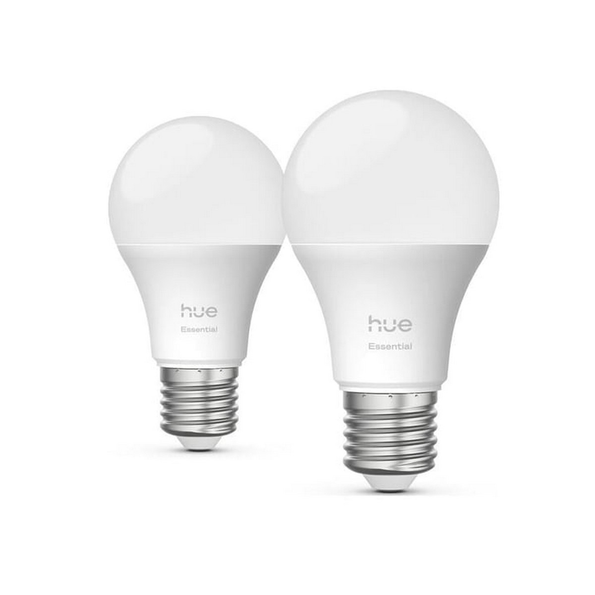 Due lampadine LED bianche con base a vite e logo Hue Essential.