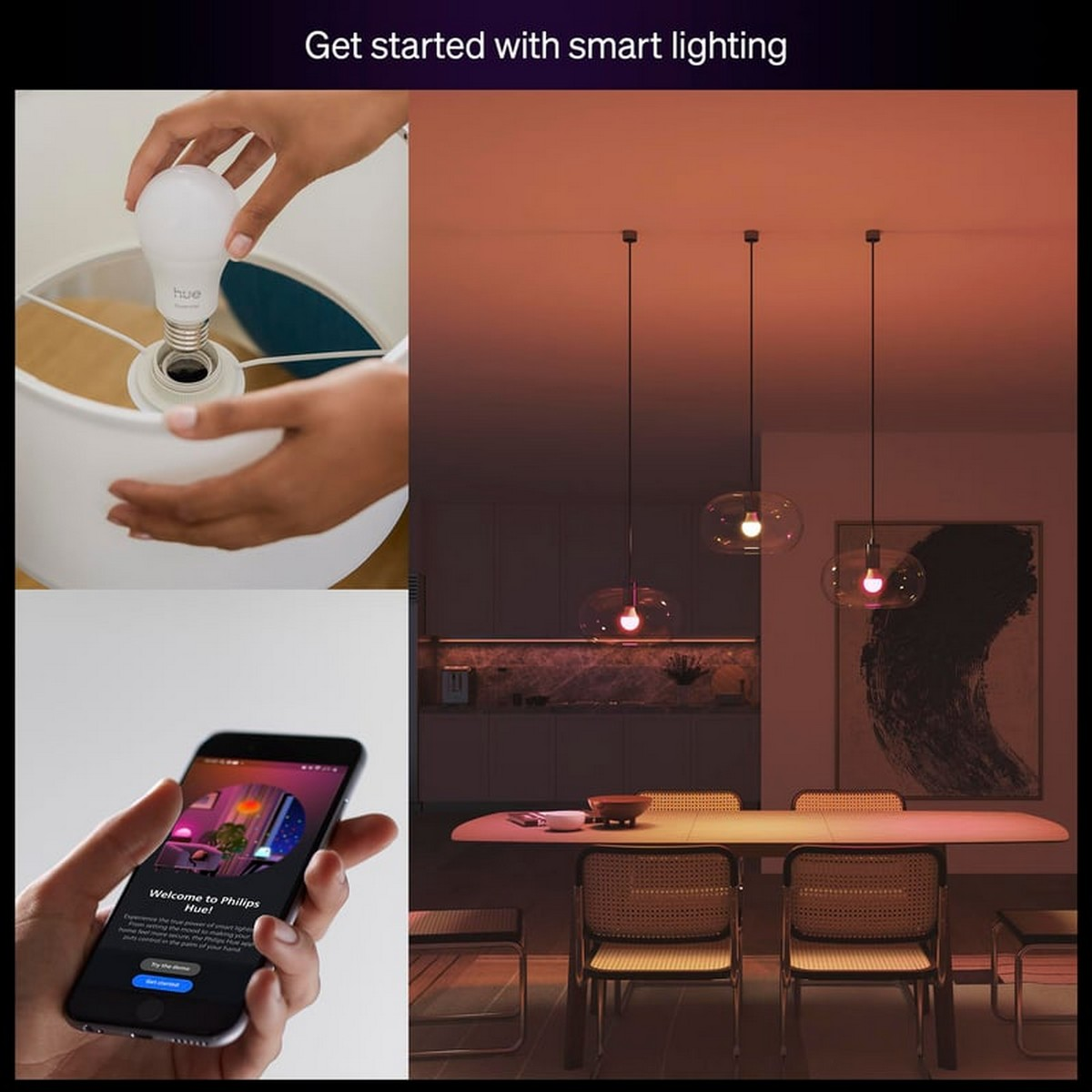 Mani installano lampadina smart. Sala da pranzo moderna con lampade a sospensione.