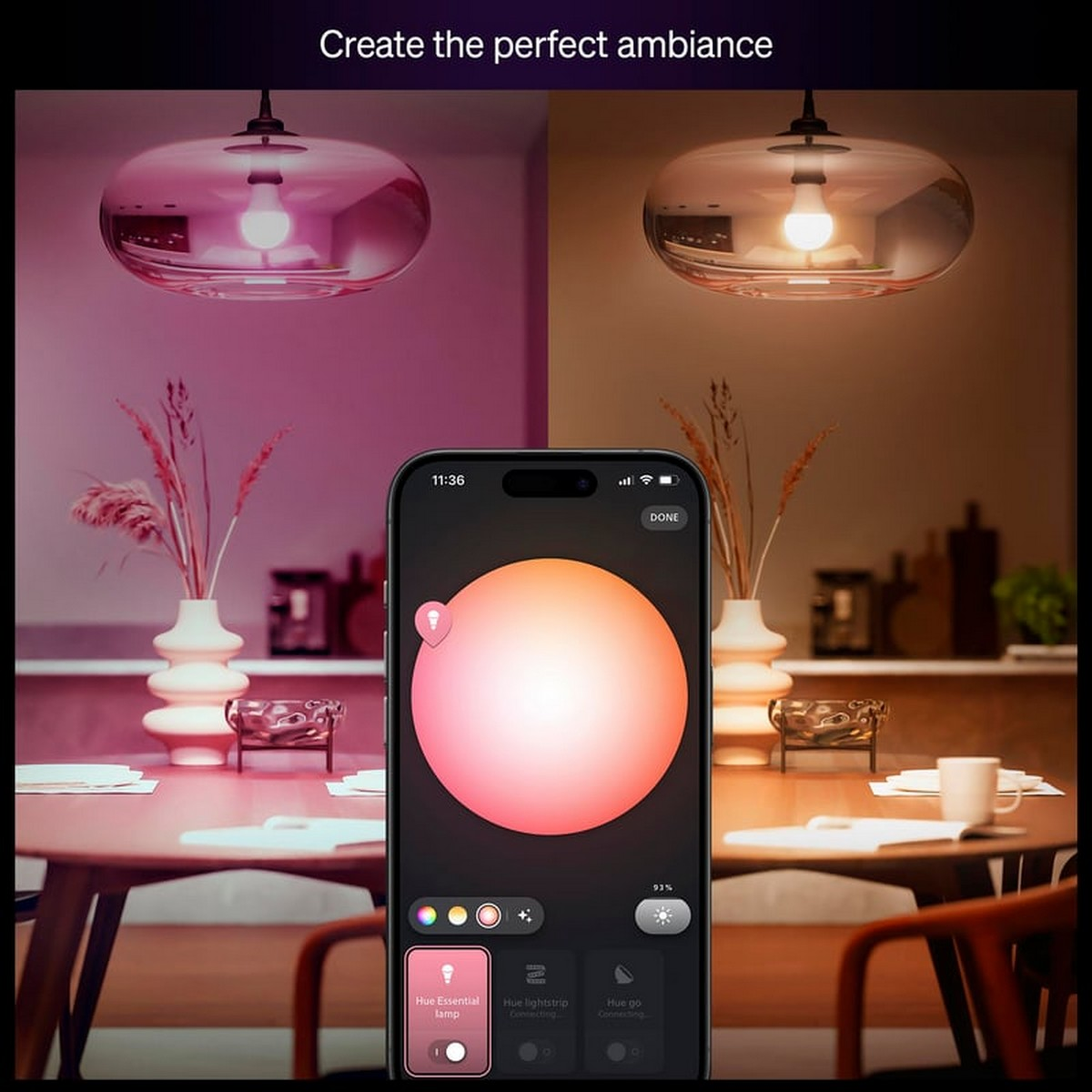 Uno smartphone mostra un'app che controlla una lampada con tonalità rosa e arancioni.