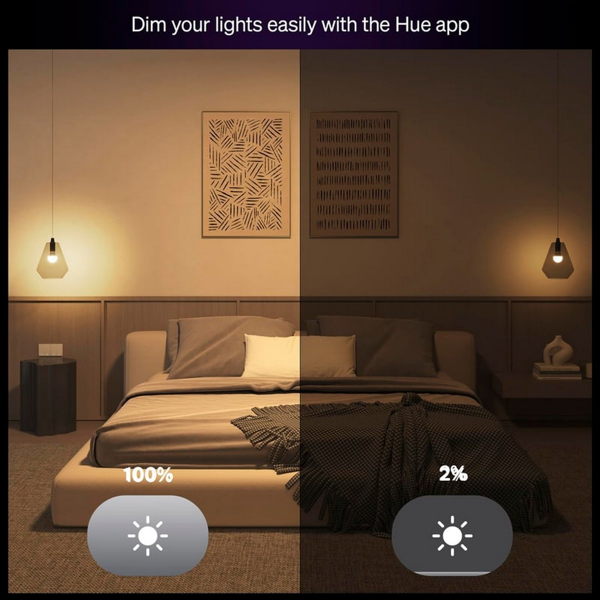 Una camera da letto con un letto, metà illuminato e metà scarsamente illuminato.