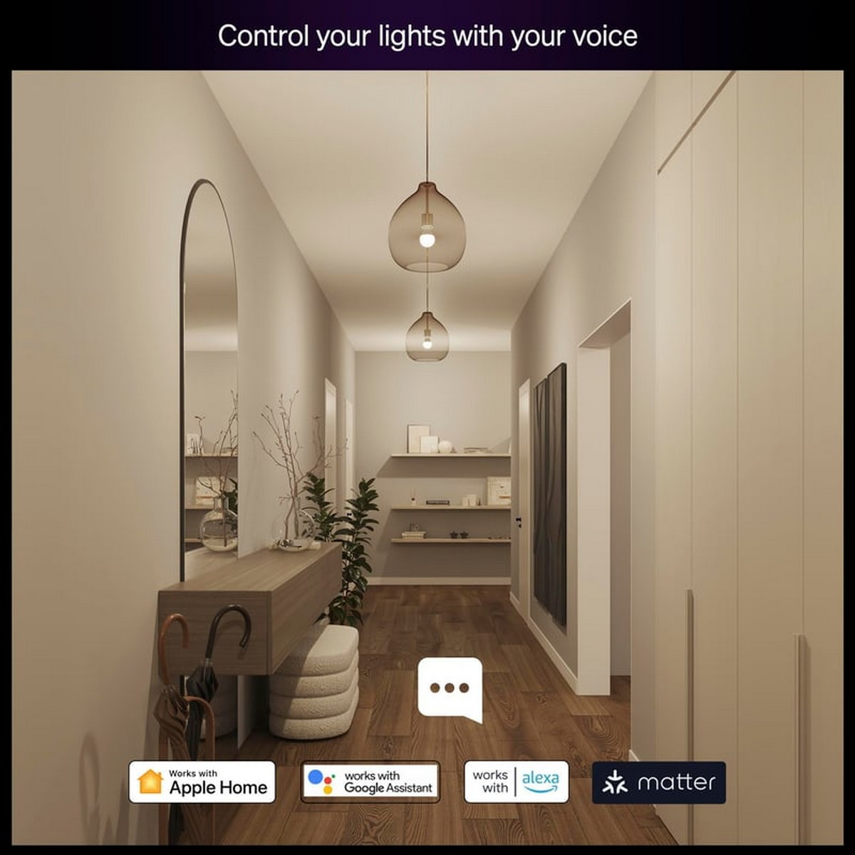 Corridoio con arredamento moderno, due luci a sospensione e loghi smart home.