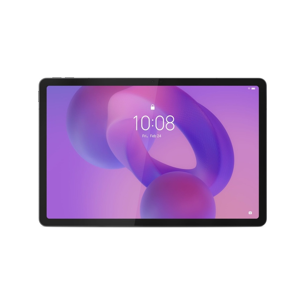 Mor ve mavi duvar kağıdında 10:08 gösteren bir tablet.