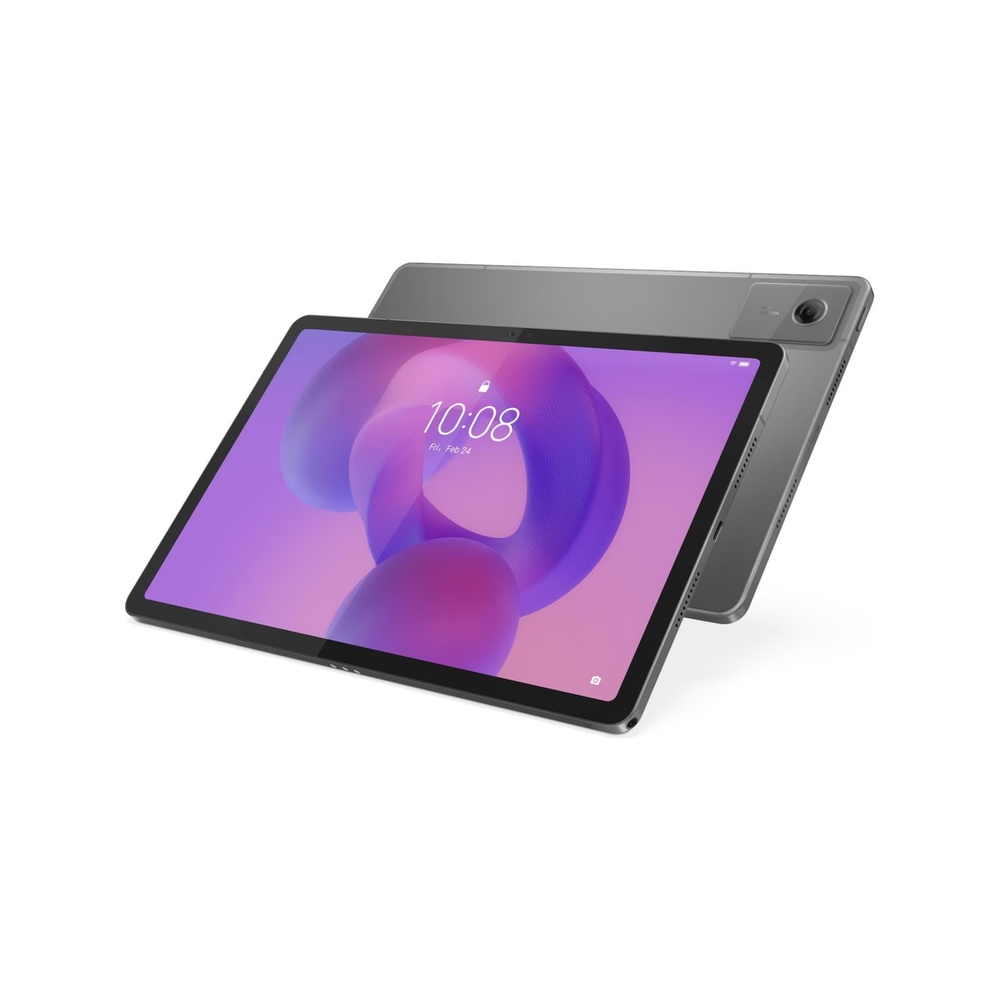 Mor ve pembe duvar kağıdı gösteren gri tablet. Saat 10:08.