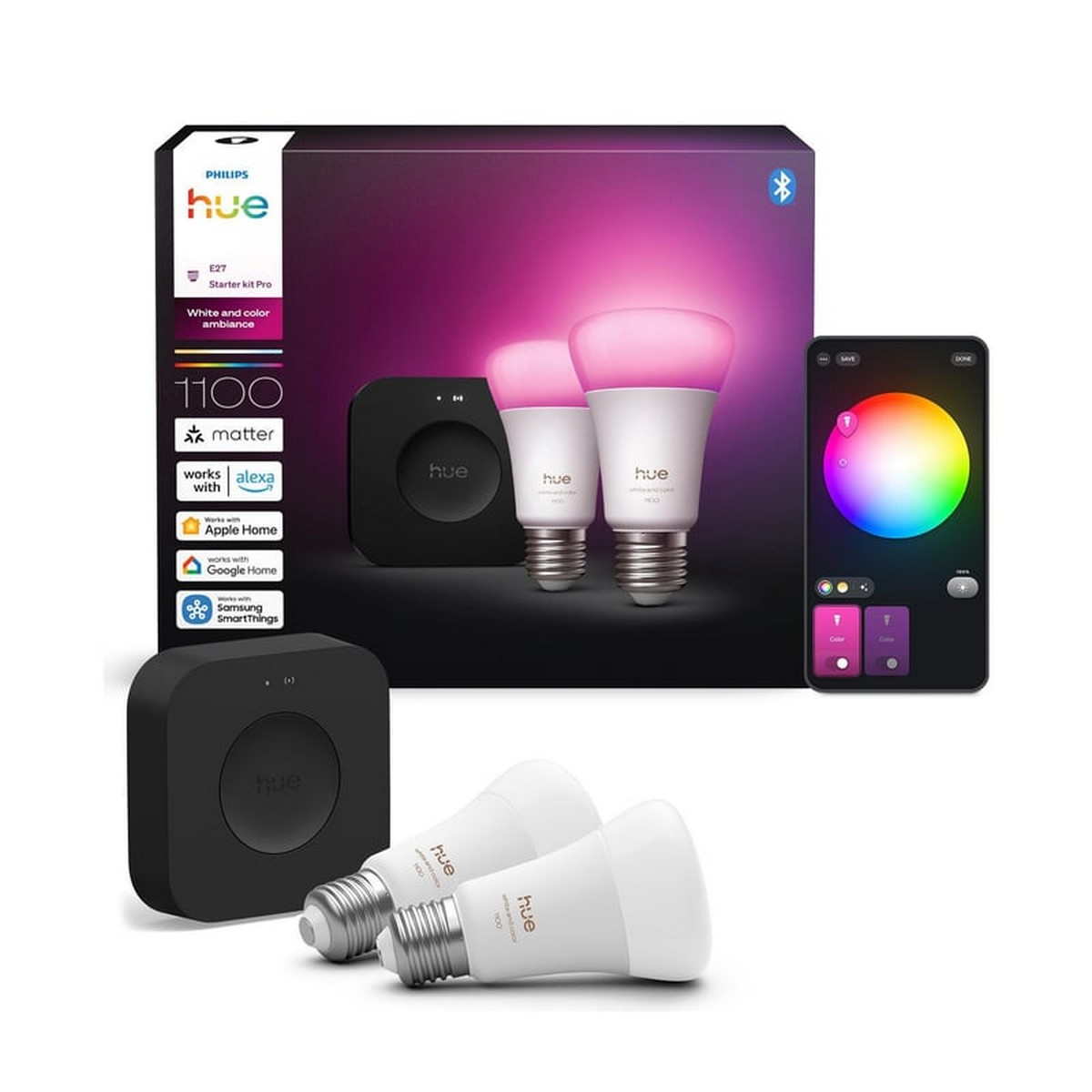 Philips Hue başlangıç kiti ampuller, bir hub ve renk seçeneklerini gösteren bir akıllı telefon uygulaması içerir.