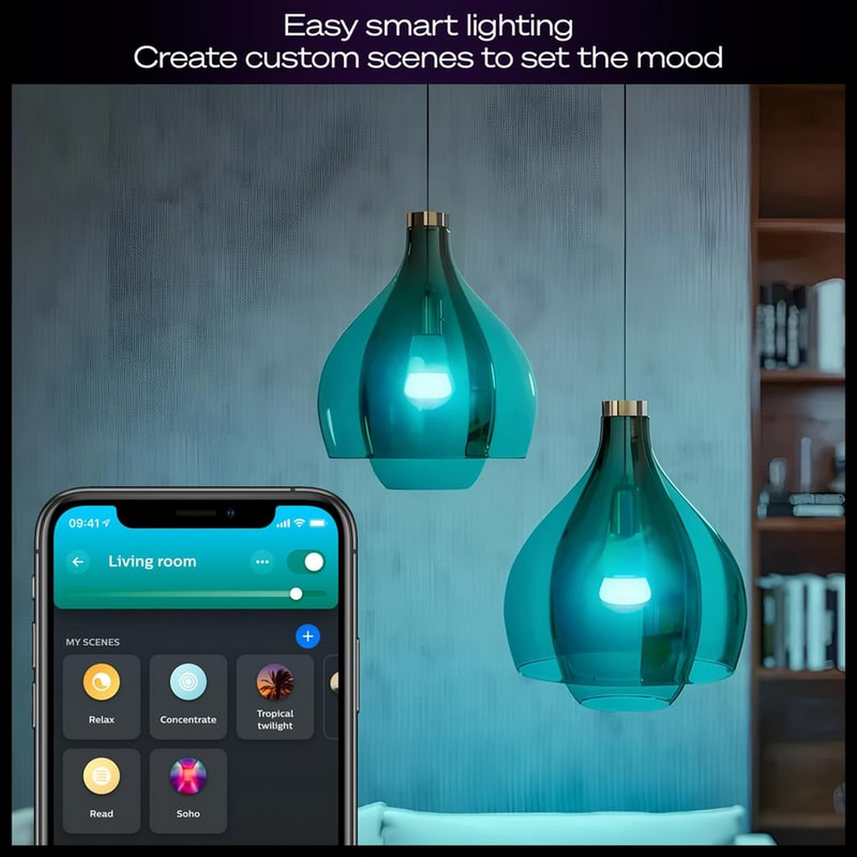 İki mavi sarkıt lamba parlıyor, yanlarında ışık kontrol uygulamalı bir akıllı telefon.