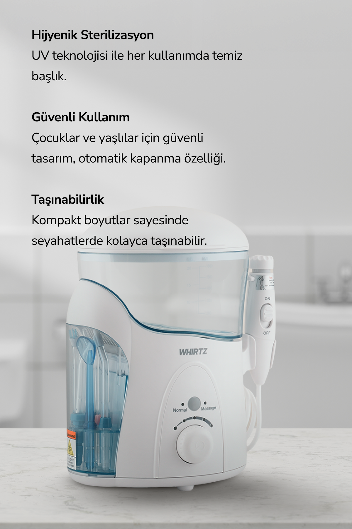 Mavi su haznesi, kontrol düğmeleri ve başlıkları olan beyaz ağız duşu cihazı.