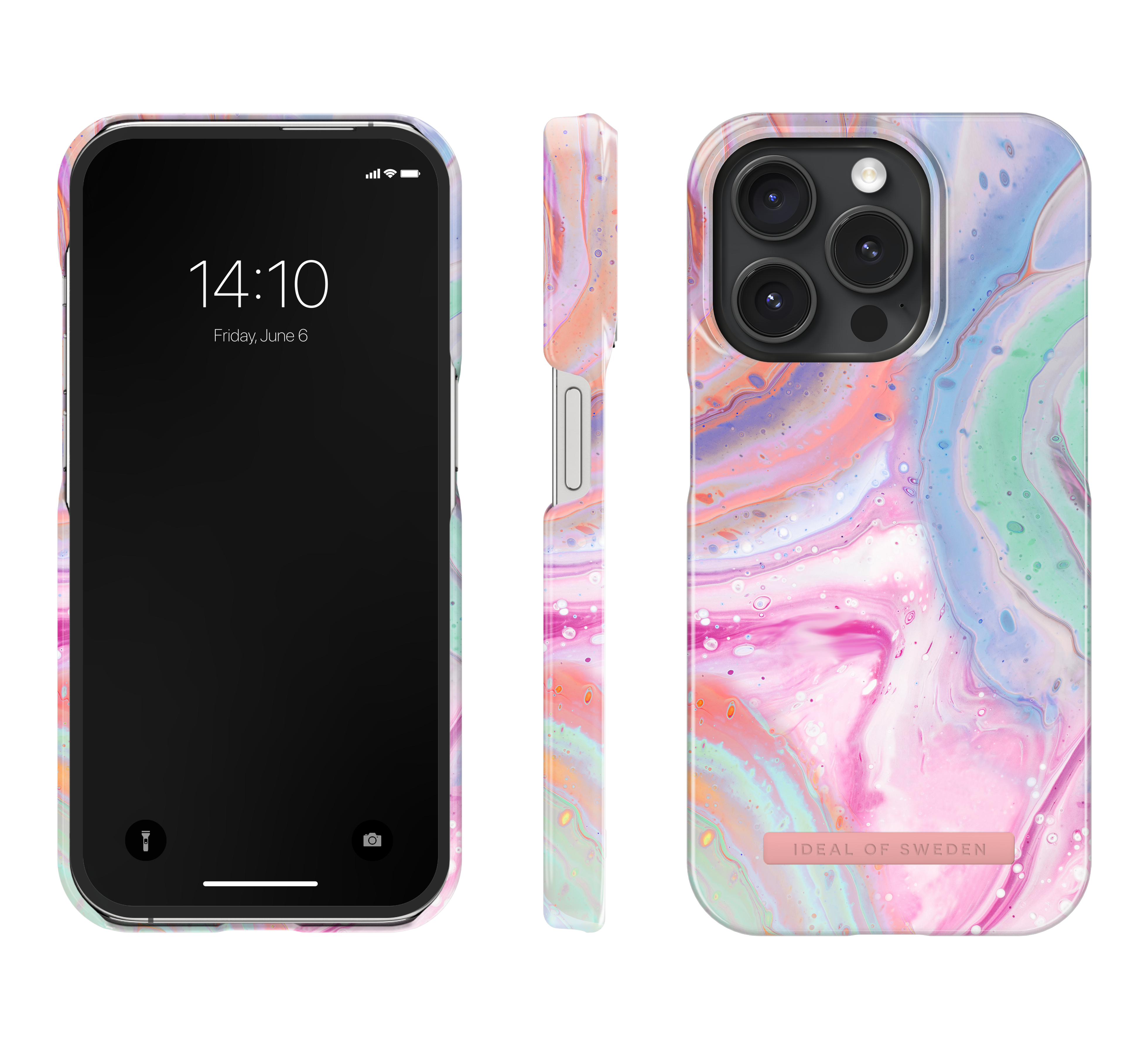 Ein Smartphone mit einem bunten Marmormuster-Case, Vorder- und Seitenansicht.