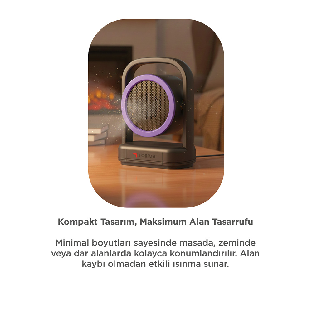 Mor halkalı kompakt siyah ısıtıcı ahşap masada duruyor.
