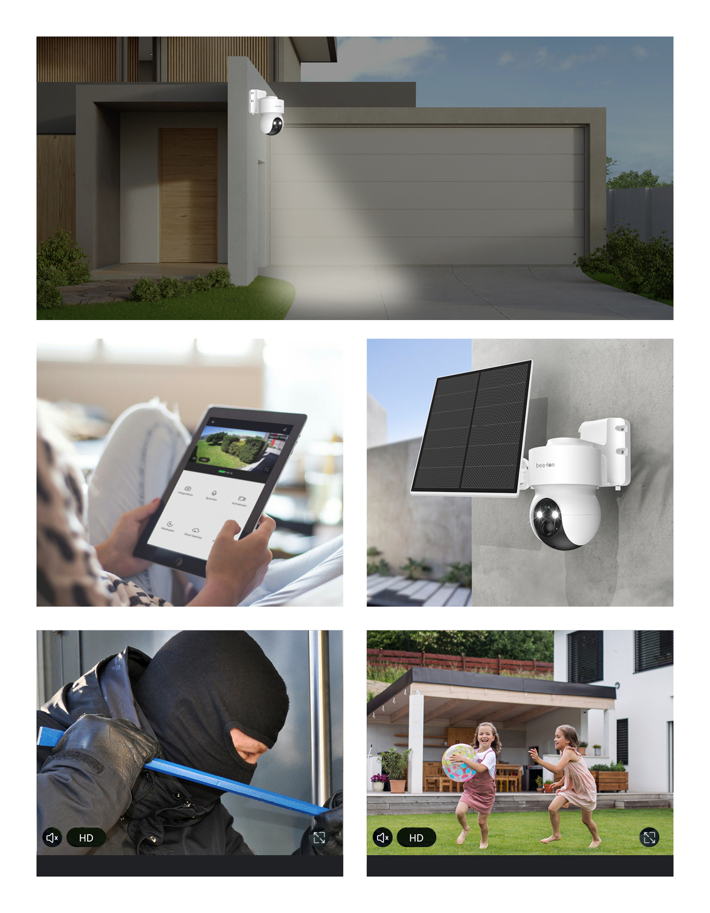 Biała kamera bezpieczeństwa zamontowana na zewnątrz domu.