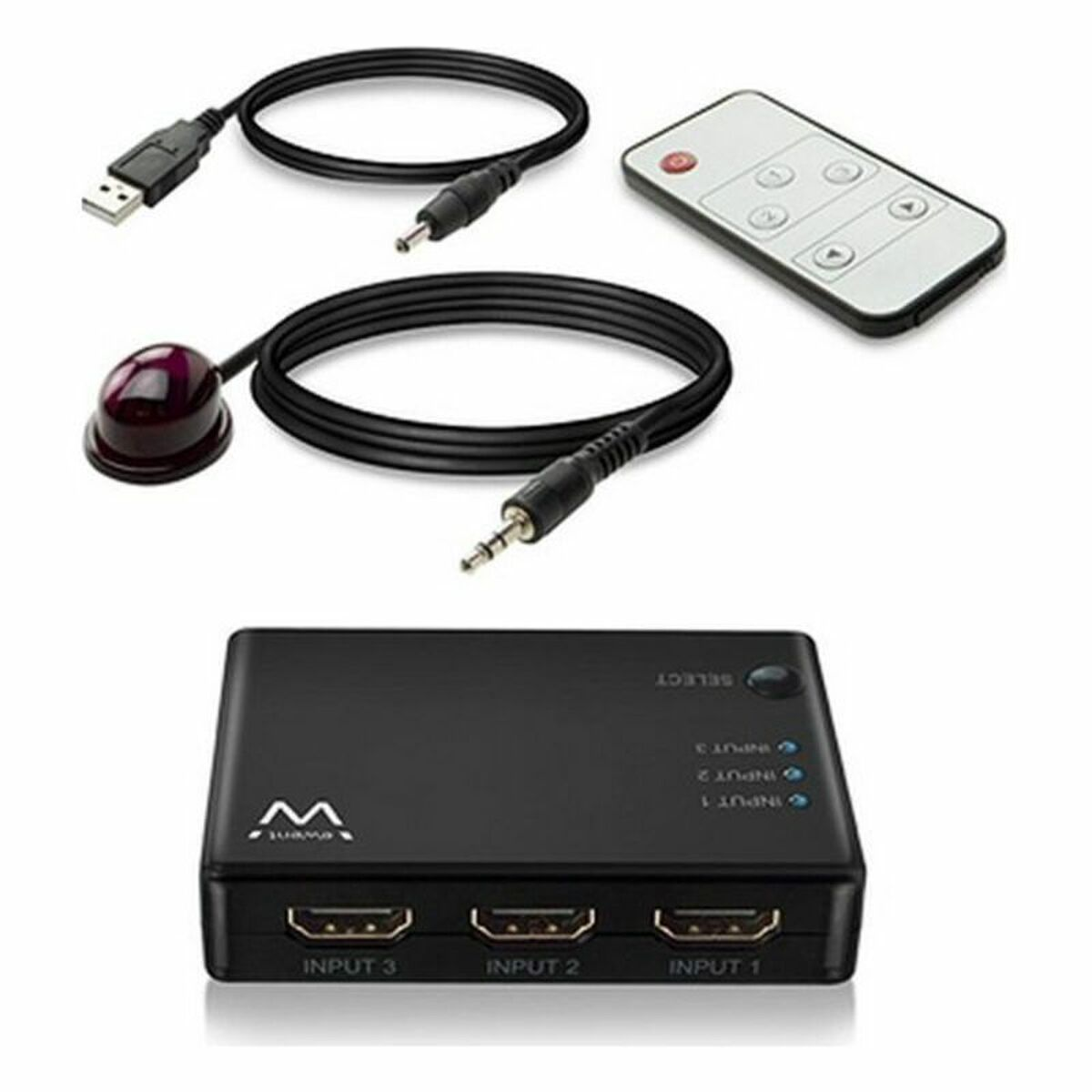 Uno switch HDMI con telecomando, ricevitore IR, cavo USB e cavo jack.