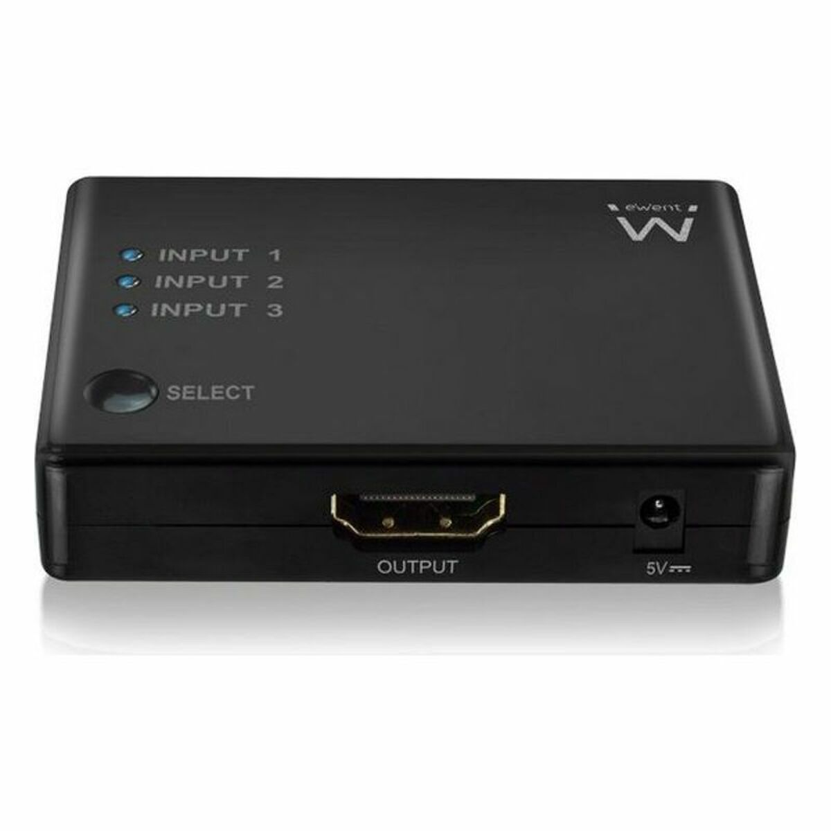 Switch HDMI nero a 3 porte con etichette INPUT 1, 2, 3, SELECT, OUTPUT e 5V.