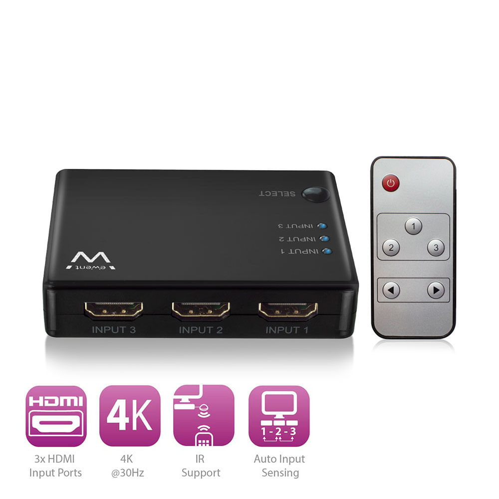 Uno switch HDMI nero 3x con telecomando e icone per 4K, IR e auto-sensing.