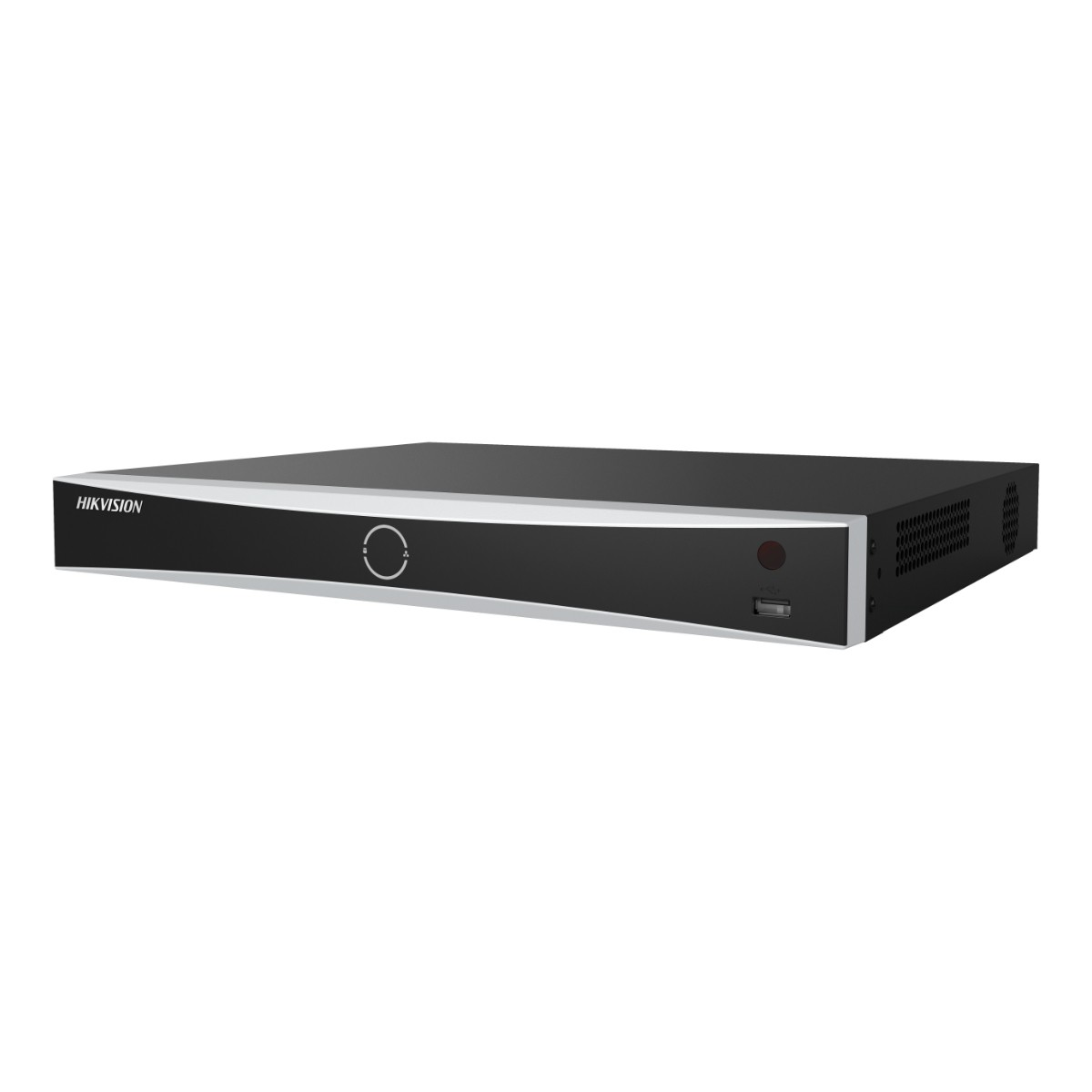 Un DVR Hikvision nero con finitura argento e porta USB.