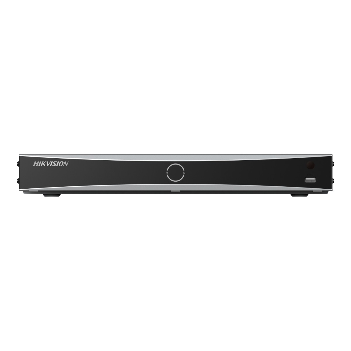 Un elegante registratore Hikvision nero con accenti argentati e un'icona circolare.