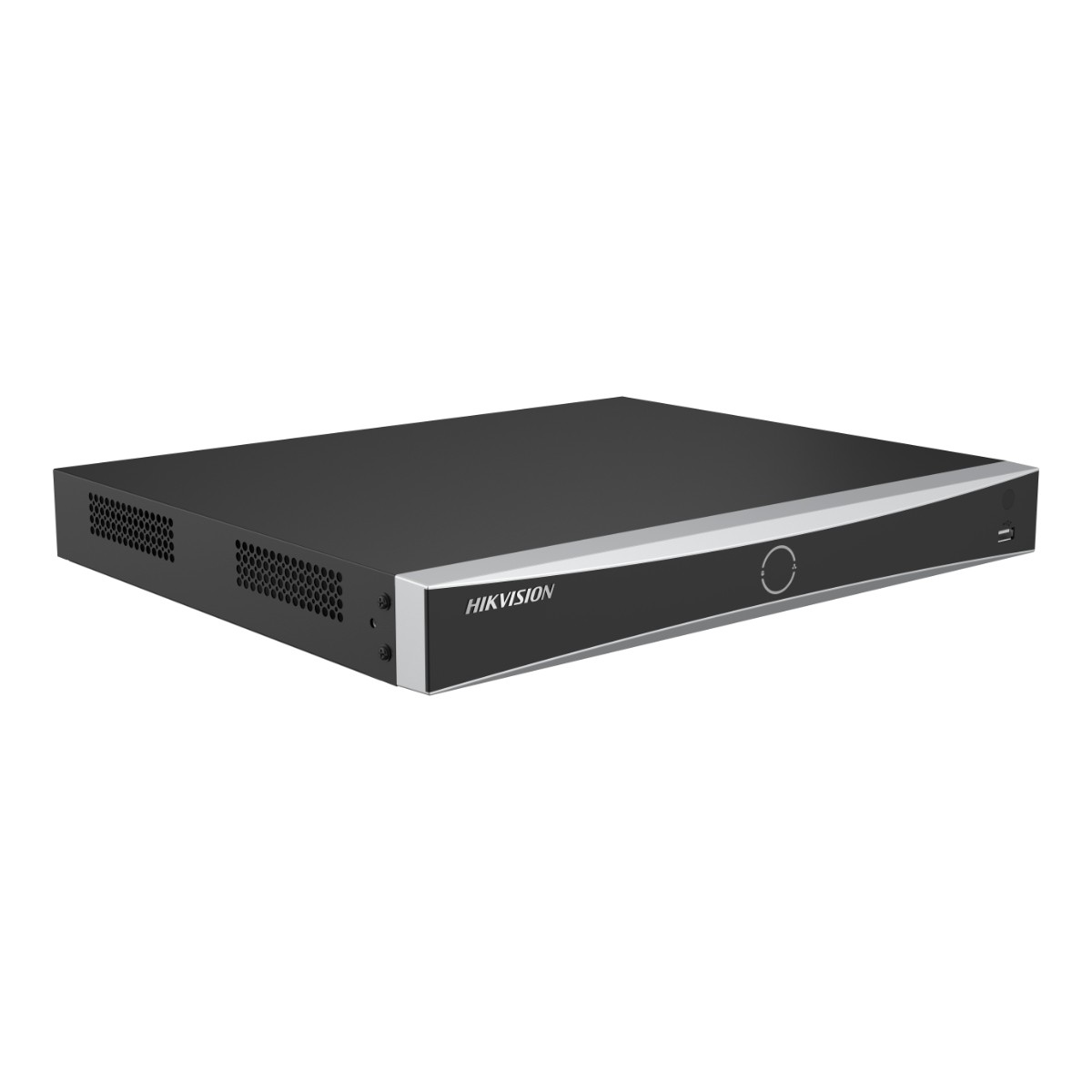 DVR Hikvision nero con pannello frontale argentato e prese d'aria.
