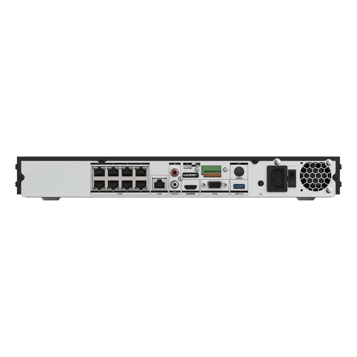 Vista posteriore di un videoregistratore di rete con diverse porte tra cui PoE, LAN, Audio, HDMI, VGA, USB e alimentazione.