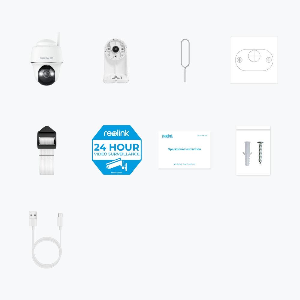Biała kamera Reolink, uchwyt, narzędzie SIM, kabel, naklejka, instrukcje i śruby.