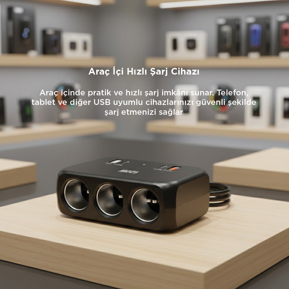 Üç soketli ve iki USB portlu siyah araç şarj cihazı.