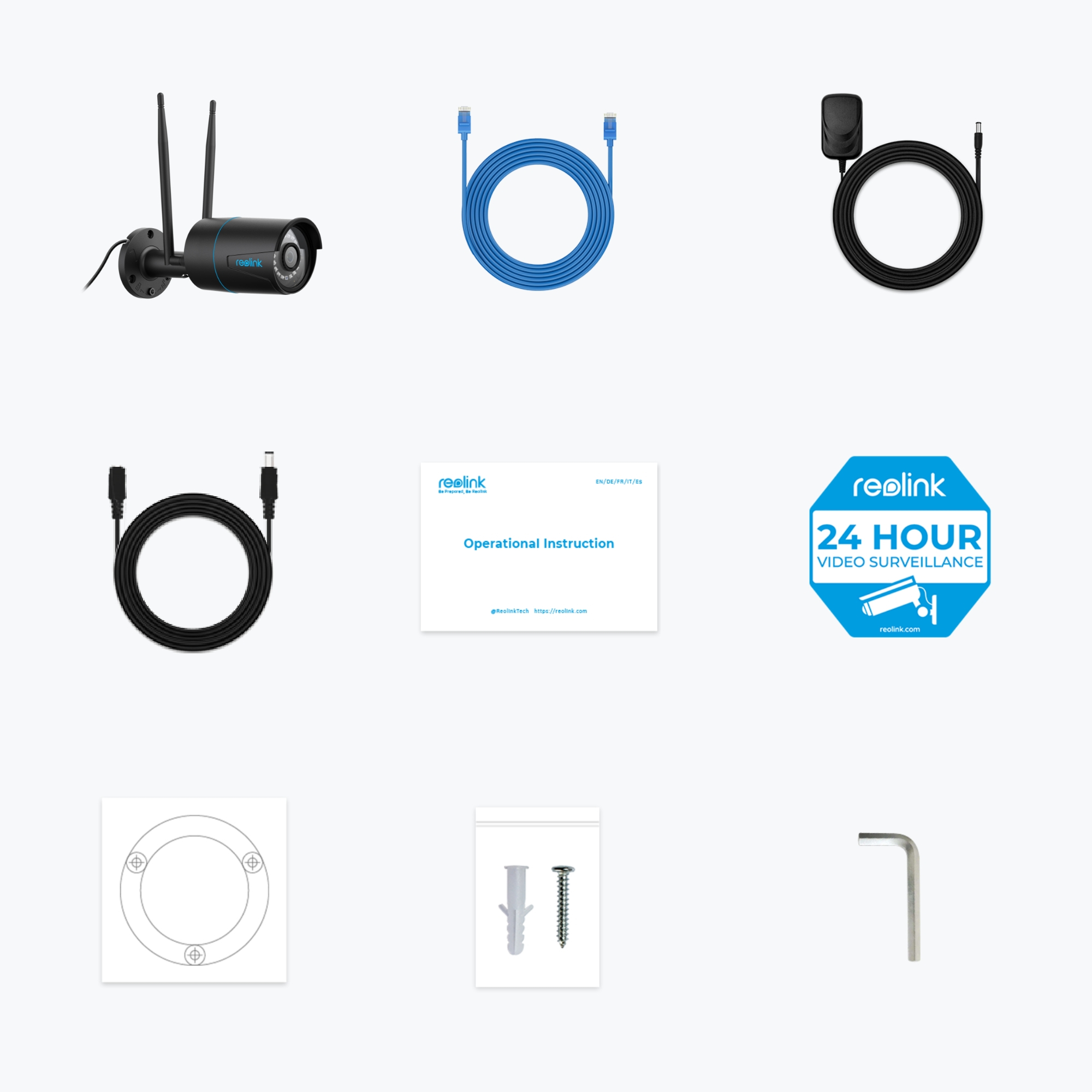 Czarny zestaw kamer bezpieczeństwa Reolink z kablami i instrukcjami.