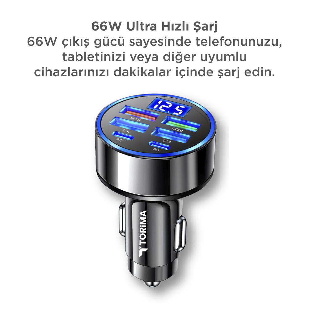 Çoklu USB portlu ve dijital ekranlı siyah 66W araç şarj cihazı.