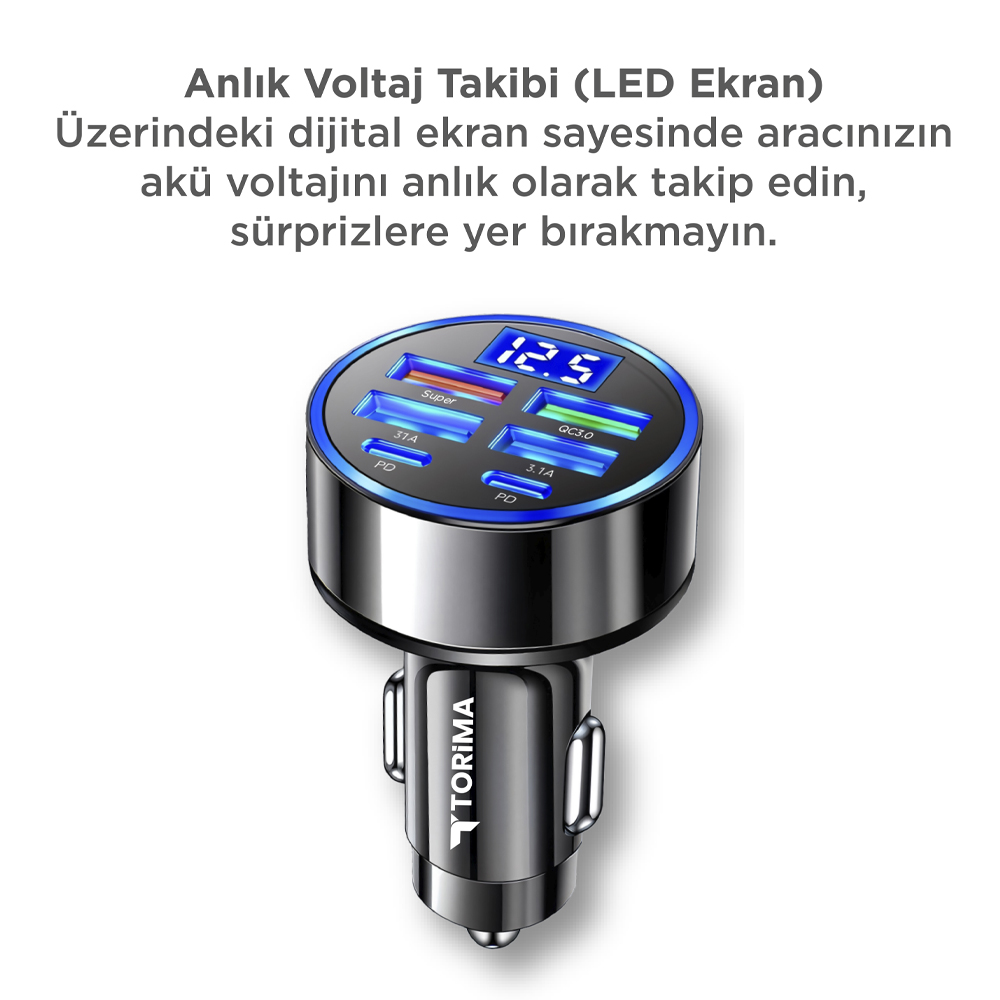 Dört USB bağlantı noktasına ve 12.5V gösteren dijital ekrana sahip siyah araç şarj cihazı.