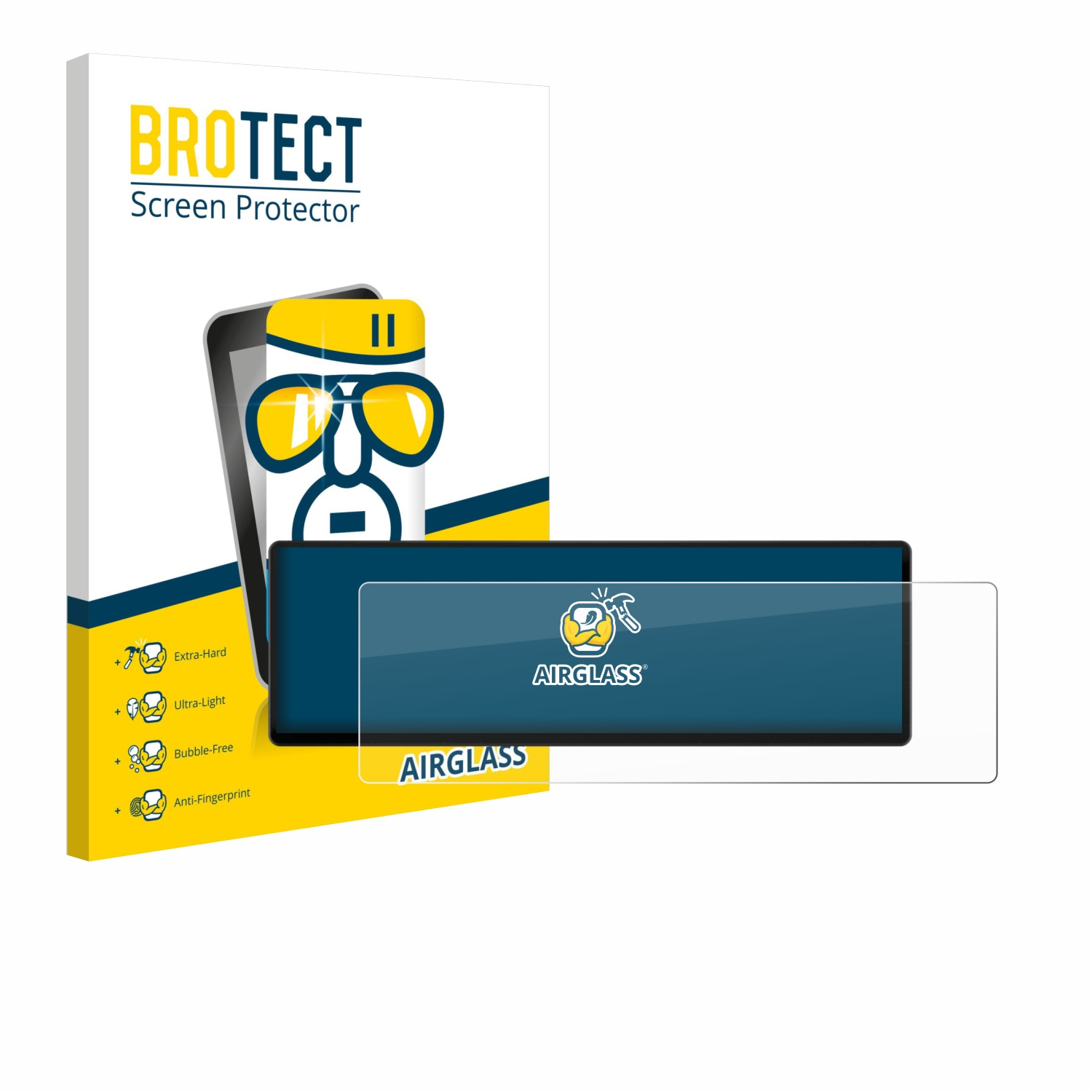 BROTECT Displayschutzverpackung mit aufgelisteten Funktionen. Ein Displayschutz ist gezeigt.