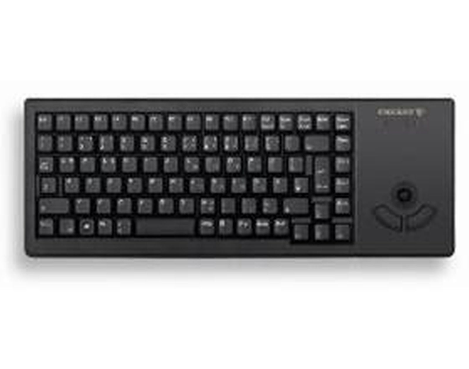Una tastiera nera e compatta con trackball e pulsanti aggiuntivi.