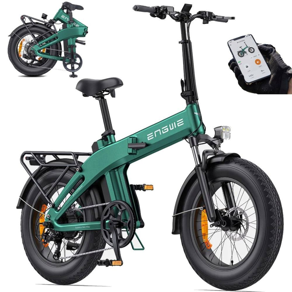 Bici elettrica pieghevole verde, copertoni larghi, luce anteriore e controllo app.