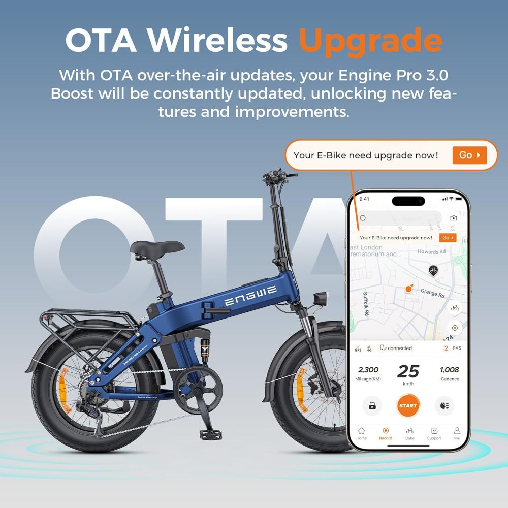Bici elettrica blu con display app. Notifica aggiornamento OTA. 2.300 km, 25 km/h.