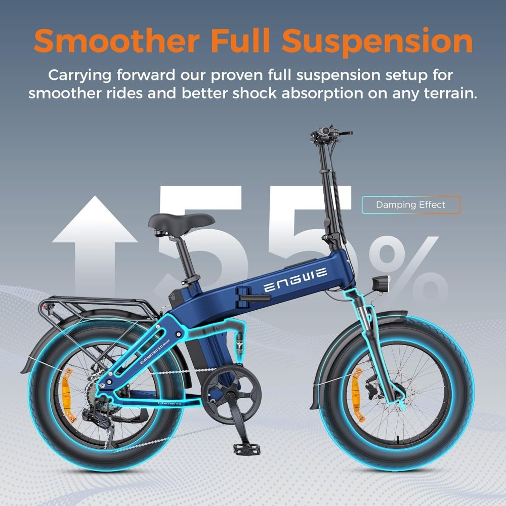 Bici elettrica pieghevole blu scuro con sospensioni complete e testo.