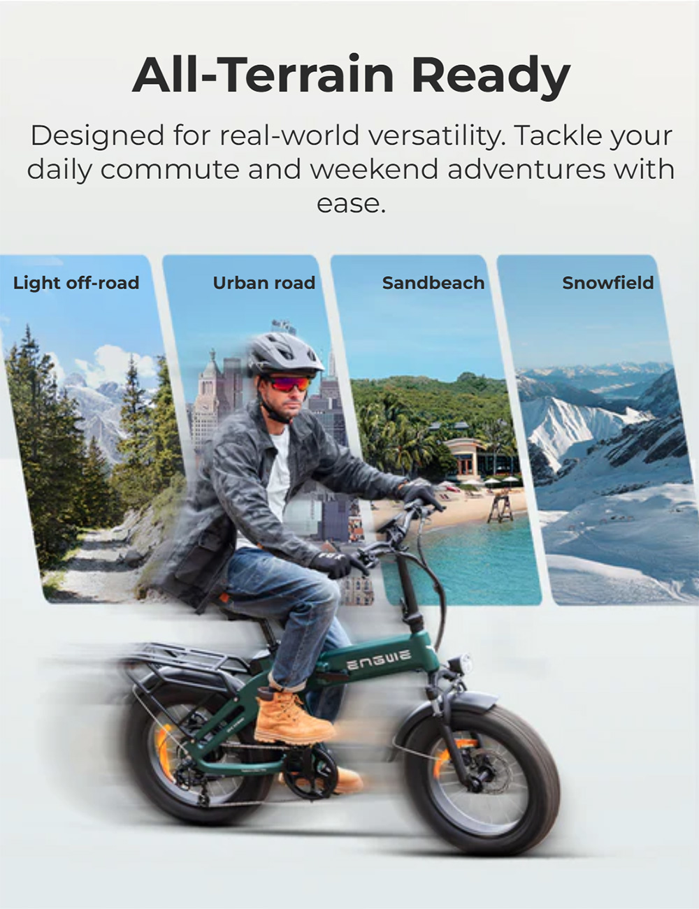 Uomo in sella a una e-bike verde attraverso città, sabbia e neve.