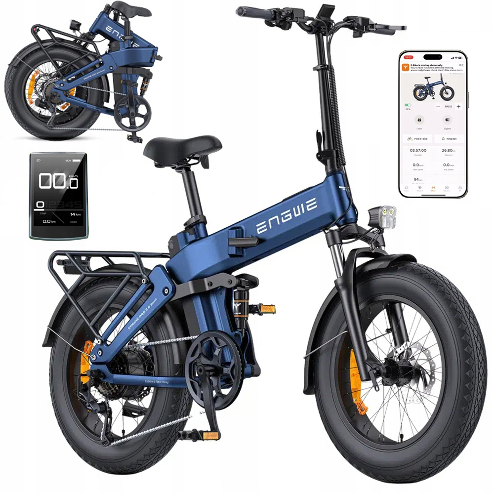 Una e-bike pieghevole blu con pneumatici larghi, display e smartphone.