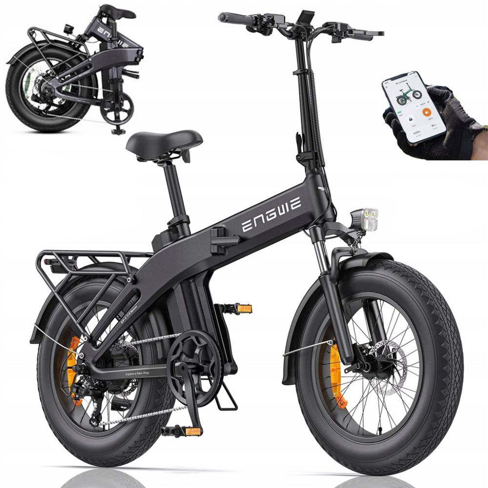 Bicicletta elettrica pieghevole nera con pneumatici larghi e portapacchi.