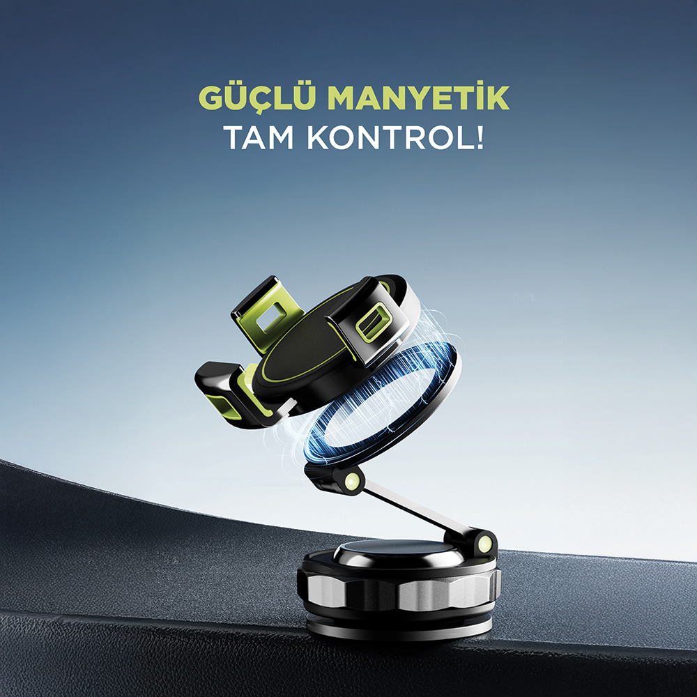 Parlayan mavi manyetik alan çizgilerine sahip siyah ve yeşil manyetik araba telefon tutucu.