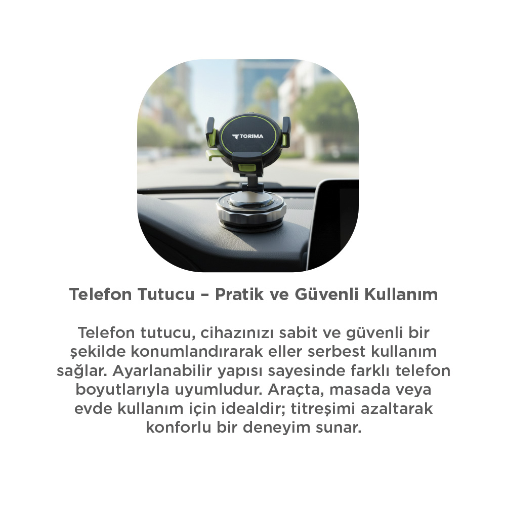 Araba torpidosuna monte edilmiş yeşil detaylı siyah Torima telefon tutucu.